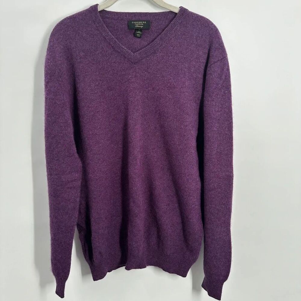 Club Room Luxury Mens Large 100% Cashmere V Neck Sweater Purple Knit Pullover - Picture 1 of 10